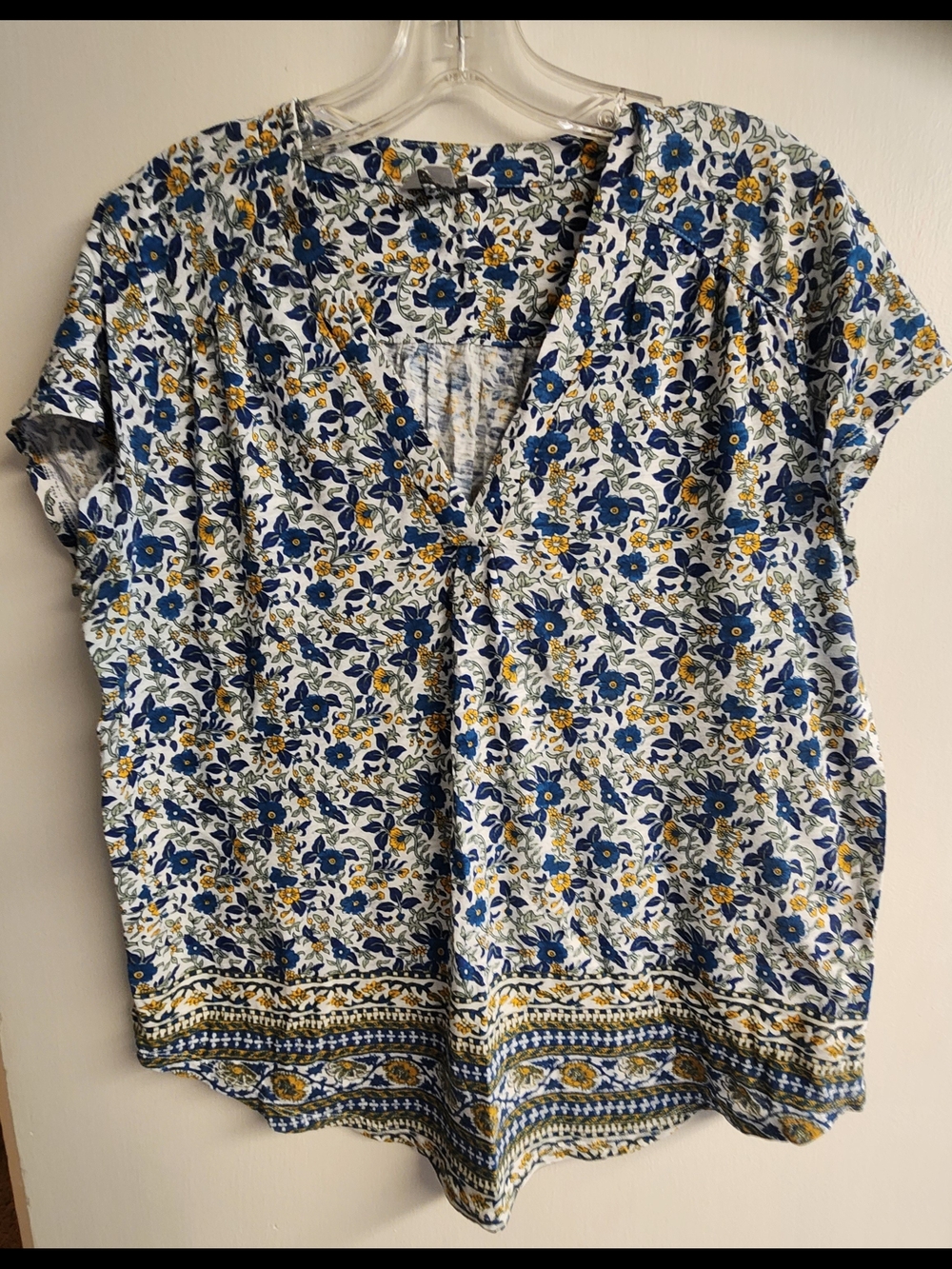 Lucky Brand Blue and Yellow Floral V-Neck Tunic